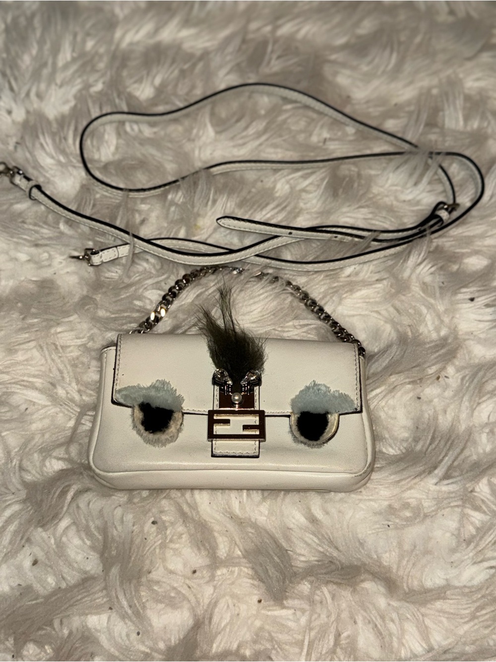 Fendi Monster Micro Baguette White Leather Fur & Crystal Crossbody